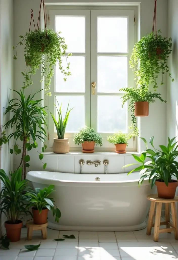 29 Floral Bathroom Ideas That Bring Nature Indoors - 2. Hanging Plants for a Fresh Vibe