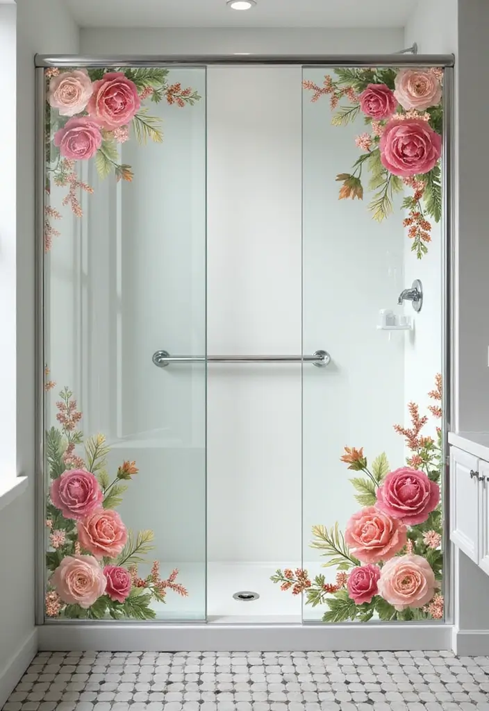 29 Floral Bathroom Ideas That Bring Nature Indoors - 25. Floral-Themed Shower Screens