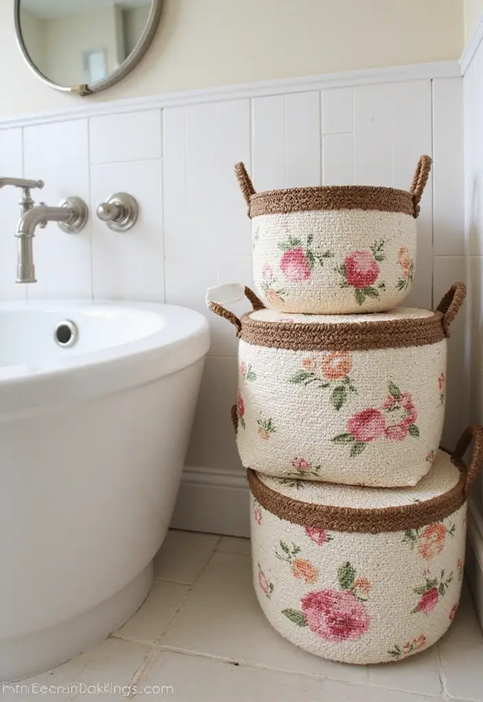 29 Floral Bathroom Ideas That Bring Nature Indoors - 26. Floral Baskets for Storage