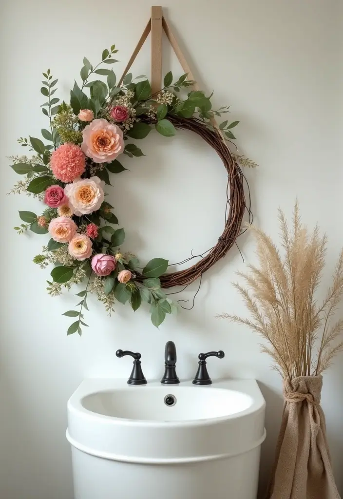 29 Floral Bathroom Ideas That Bring Nature Indoors - 28. Floral Creations with Wreaths