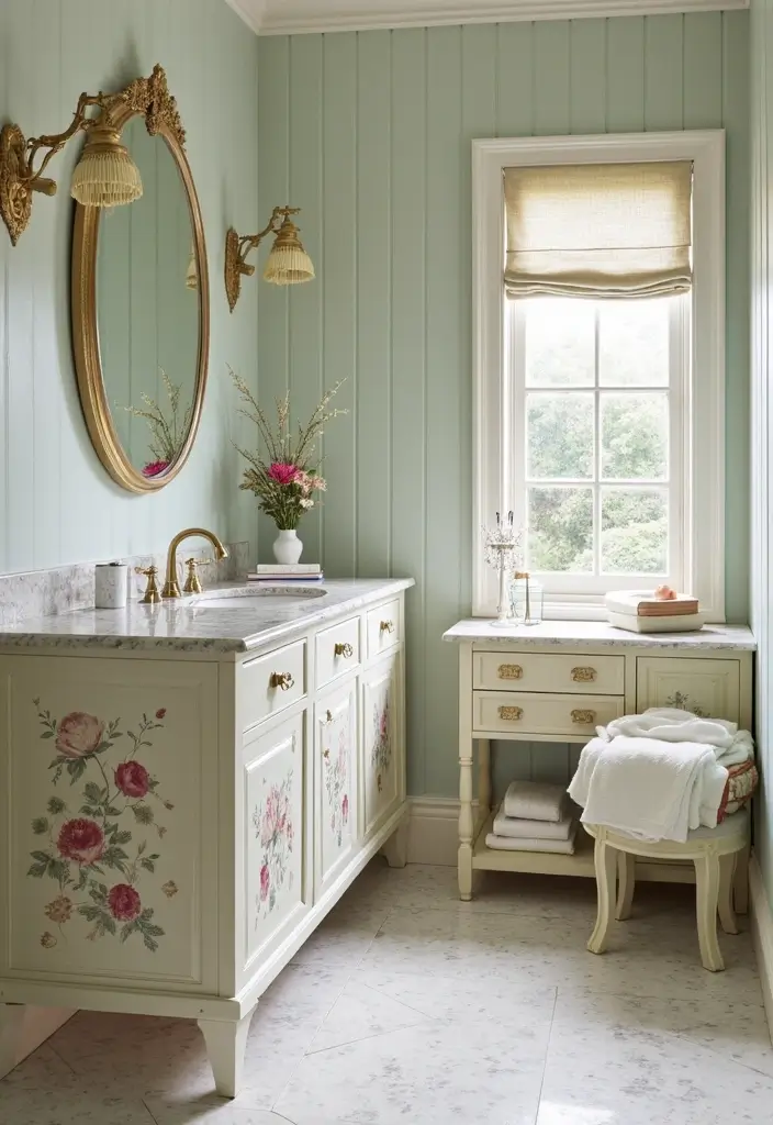 29 Floral Bathroom Ideas That Bring Nature Indoors - 29. Incorporating Floral Accents in Furniture