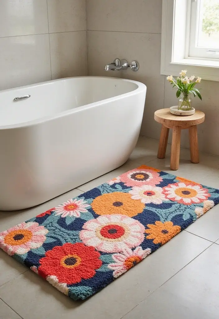 29 Floral Bathroom Ideas That Bring Nature Indoors - 5. Colorful Bath Mats with Floral Patterns