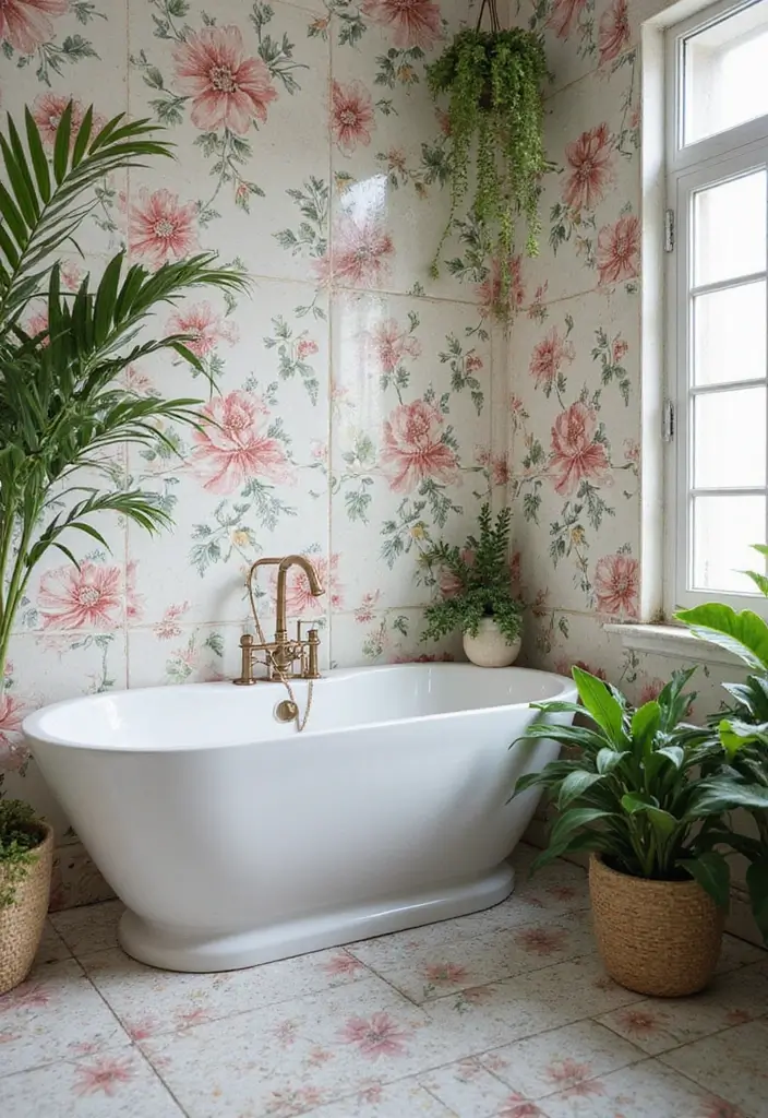 29 Floral Bathroom Ideas That Bring Nature Indoors - 8. Integrated Greenery with Floral Tiles