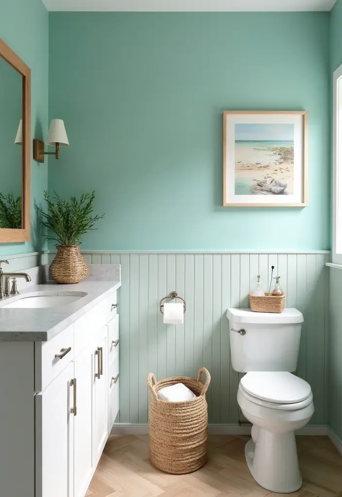 29 Light Teal Bathroom Ideas That Feel Refreshing - 1. Light Teal Accent Walls