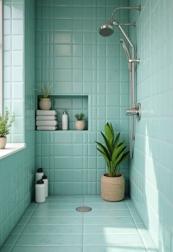 29 Light Teal Bathroom Ideas That Feel Refreshing - 15. Coastal-inspired Shower Niche