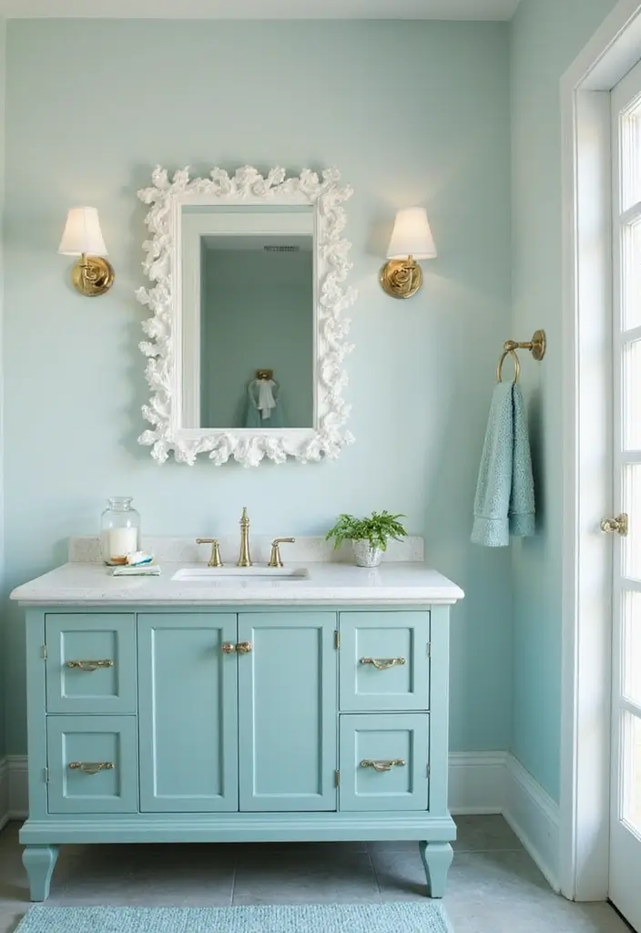29 Light Teal Bathroom Ideas That Feel Refreshing - 16. Light Teal Bathroom Mirrors