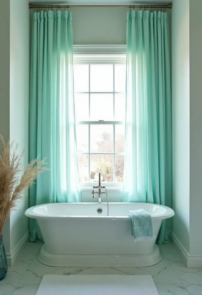 29 Light Teal Bathroom Ideas That Feel Refreshing - 21. Light Teal Window Treatments