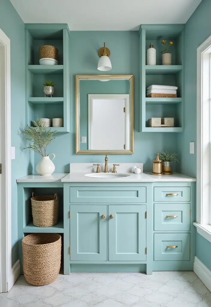 29 Light Teal Bathroom Ideas That Feel Refreshing - 22. Light Teal Shelving