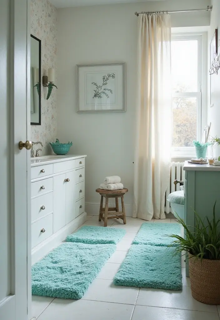 29 Light Teal Bathroom Ideas That Feel Refreshing - 23. Light Teal Bathroom Rugs