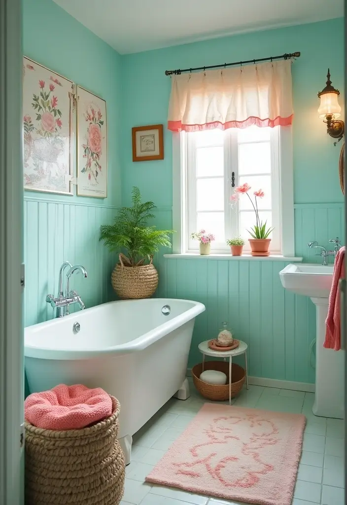 29 Light Teal Bathroom Ideas That Feel Refreshing - 26. Light Teal and Coral Accents