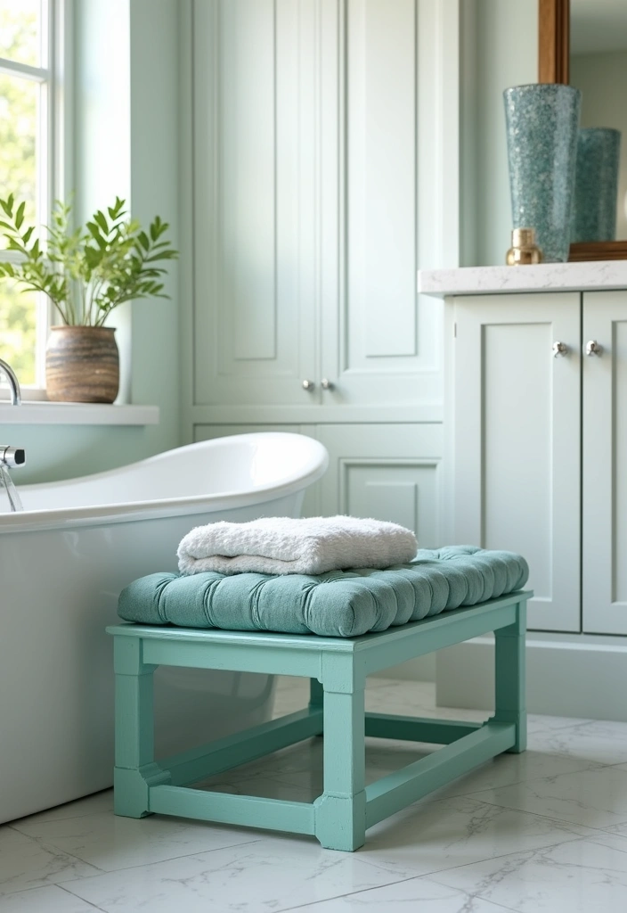29 Light Teal Bathroom Ideas That Feel Refreshing - 27. Light Teal Bathroom Bench