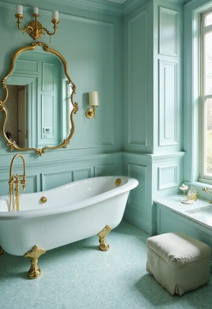 29 Light Teal Bathroom Ideas That Feel Refreshing - 28. Light Teal and Gold Accents