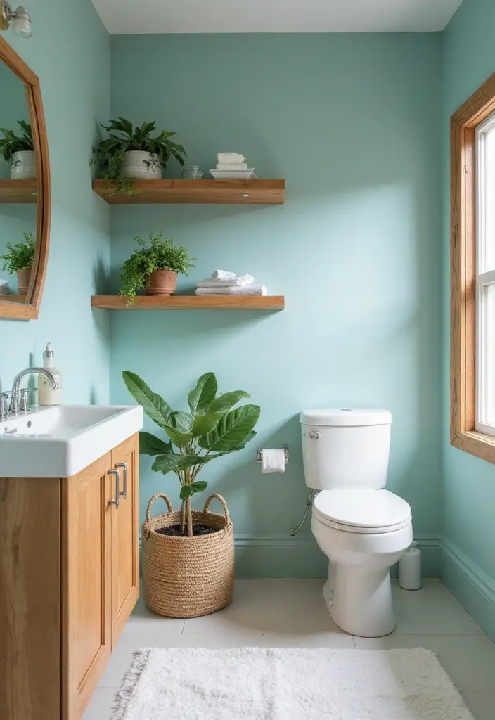 29 Light Teal Bathroom Ideas That Feel Refreshing - 6. Natural Wood Accents