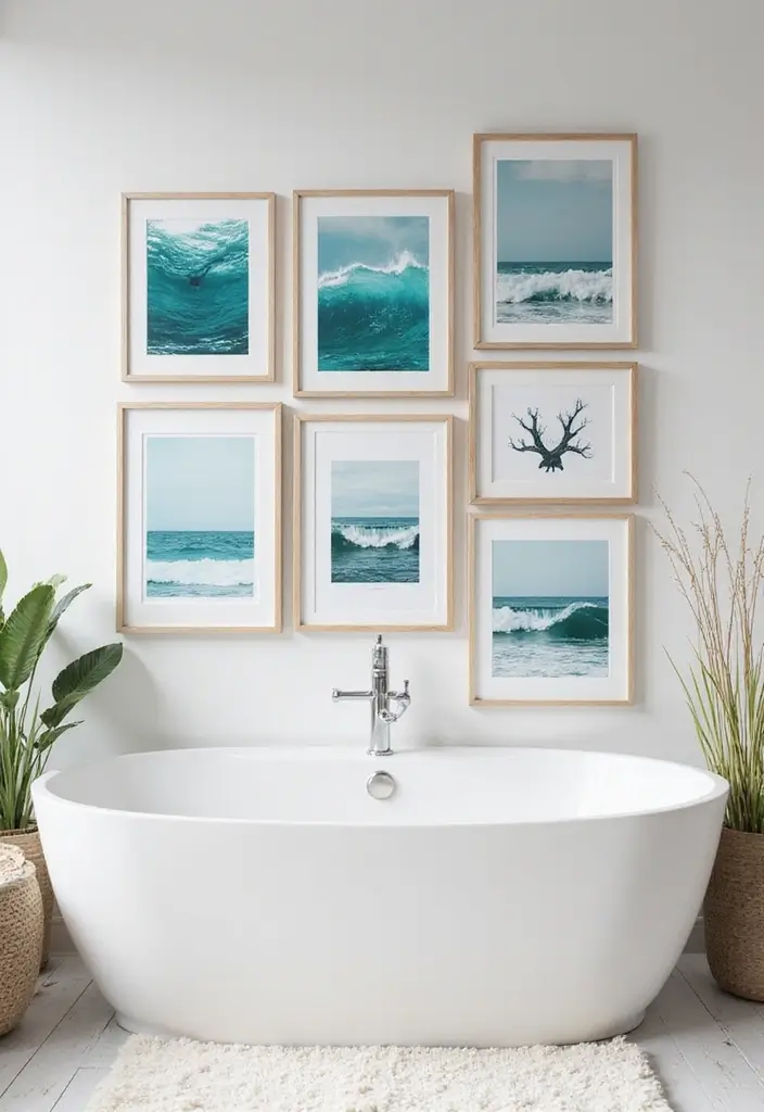 29 Light Teal Bathroom Ideas That Feel Refreshing - 8. Beach-Inspired Wall Art
