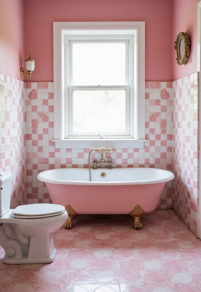 29 Pink Tile Bathroom Ideas That Bring Back Retro Charm - 1. Classic Checkerboard Pattern