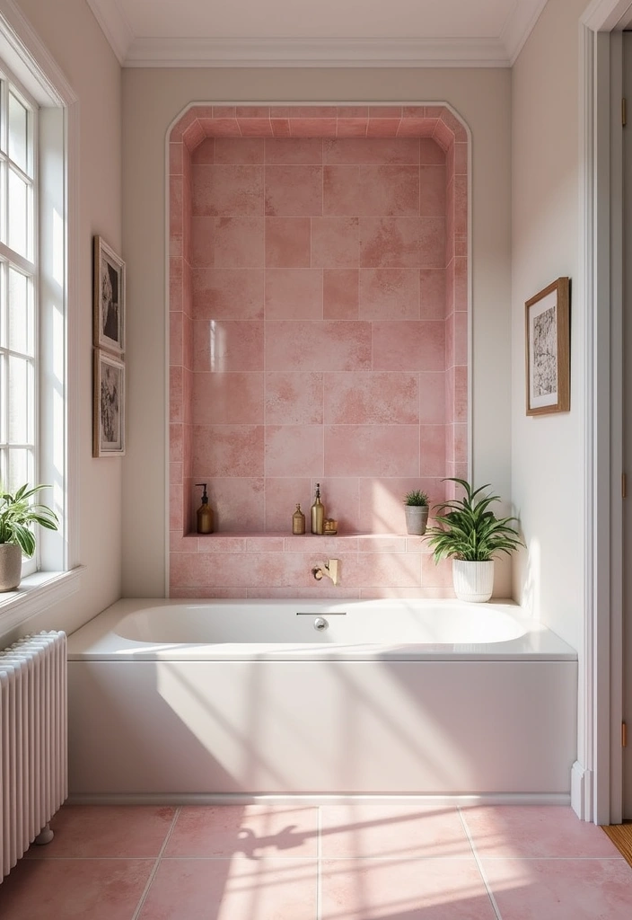 29 Pink Tile Bathroom Ideas That Bring Back Retro Charm - 10. Pink Shower Niche
