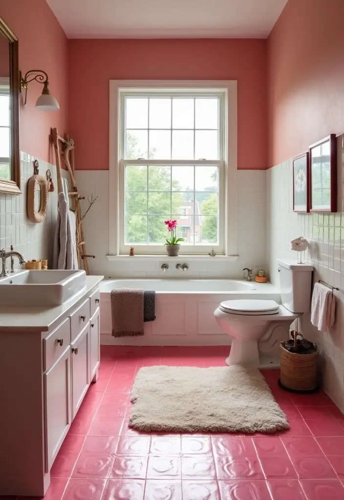 29 Pink Tile Bathroom Ideas That Bring Back Retro Charm - 13. Pink Floors