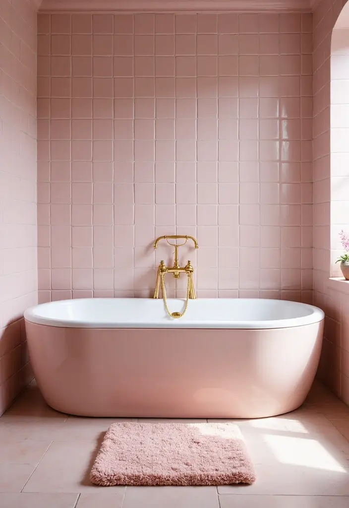 29 Pink Tile Bathroom Ideas That Bring Back Retro Charm - 14. Pink Tiled Tub Surround
