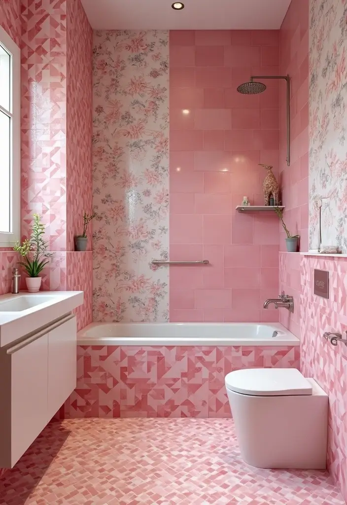 29 Pink Tile Bathroom Ideas That Bring Back Retro Charm - 15. Mixed Patterns