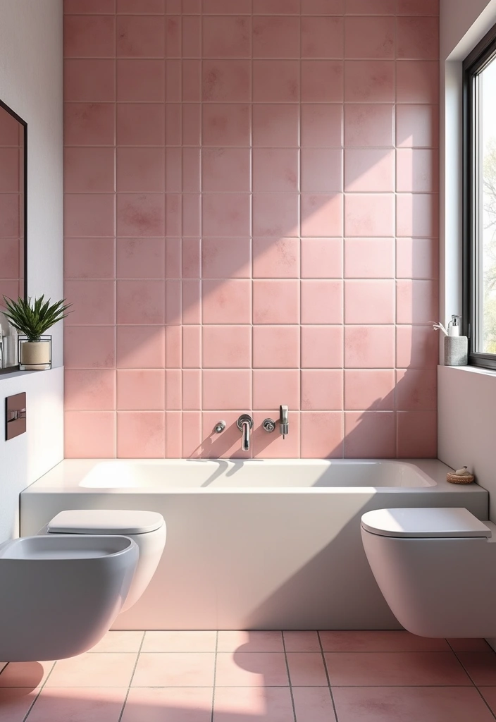 29 Pink Tile Bathroom Ideas That Bring Back Retro Charm - 16. Pink Tile Accent Wall