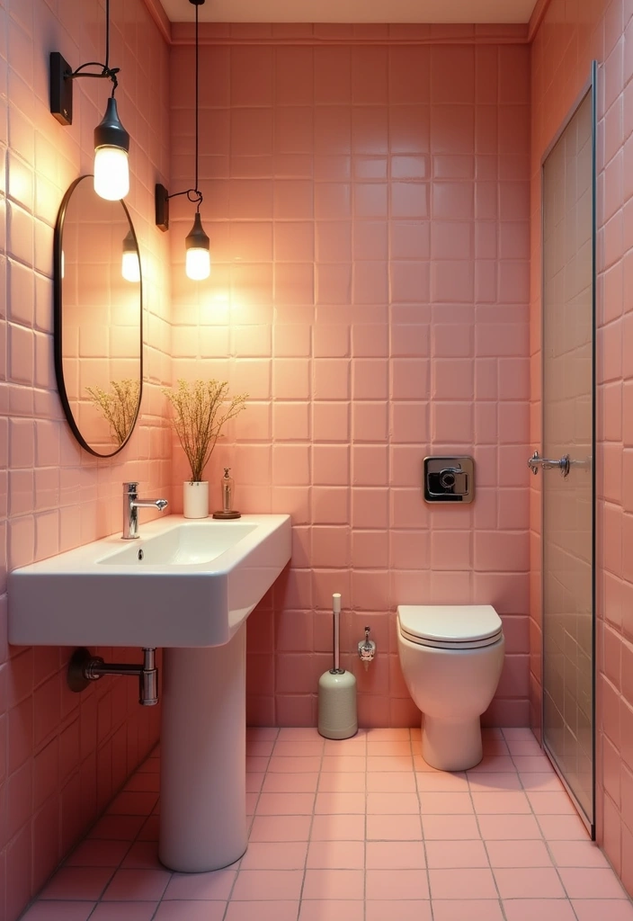 29 Pink Tile Bathroom Ideas That Bring Back Retro Charm - 19. Retro Inspired Lighting