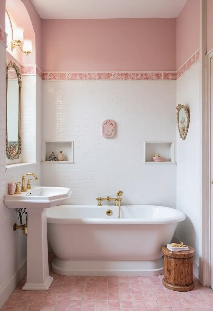 29 Pink Tile Bathroom Ideas That Bring Back Retro Charm - 22. Pink Tile Borders