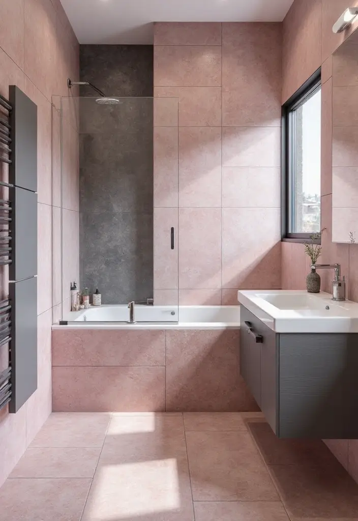 29 Pink Tile Bathroom Ideas That Bring Back Retro Charm - 25. Pink and Gray Combination