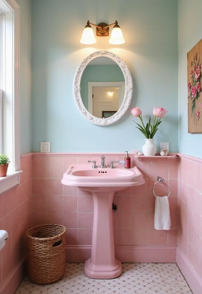 29 Pink Tile Bathroom Ideas That Bring Back Retro Charm - 26. Vintage Pink Sink