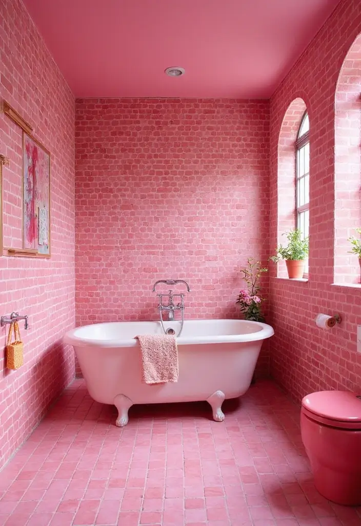 29 Pink Tile Bathroom Ideas That Bring Back Retro Charm - 27. Bold Pink Wallpaper