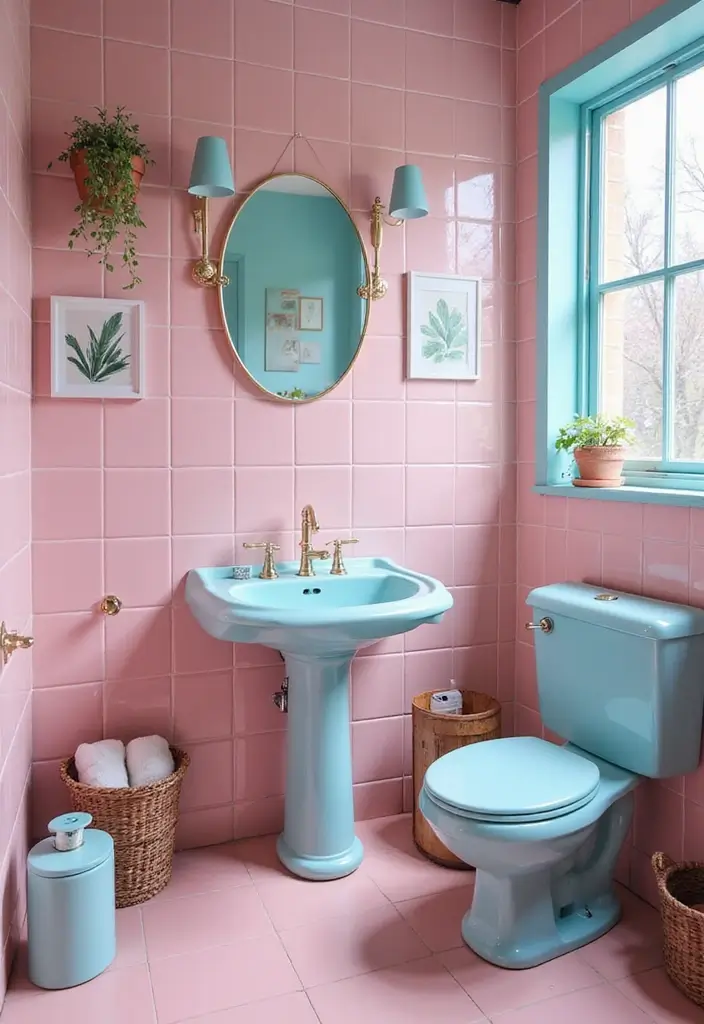 29 Pink Tile Bathroom Ideas That Bring Back Retro Charm - 28. Pink and Blue Contrast