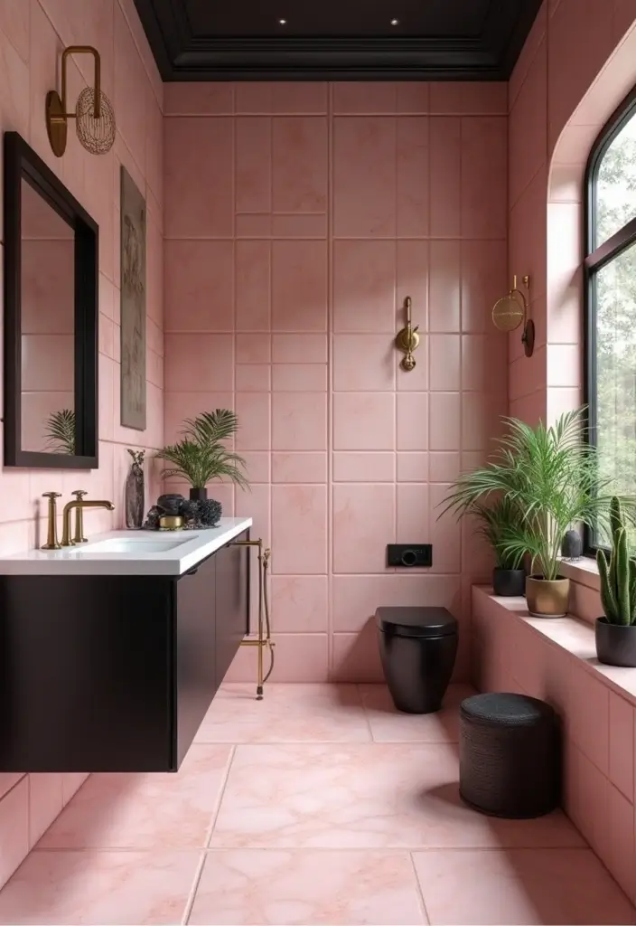 29 Pink Tile Bathroom Ideas That Bring Back Retro Charm - 29. Pink and Black Elegance