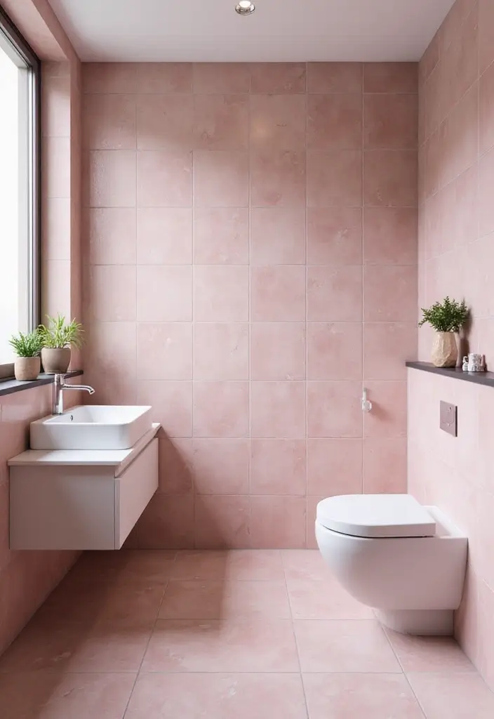 29 Pink Tile Bathroom Ideas That Bring Back Retro Charm - 3. Geometric Tile Design