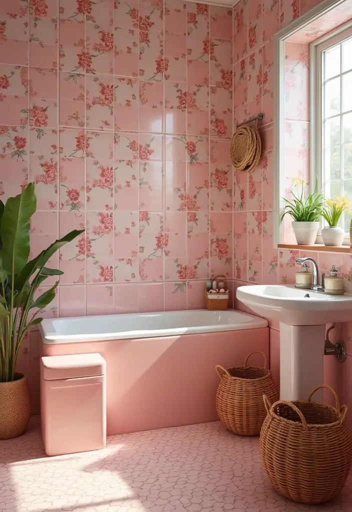 29 Pink Tile Bathroom Ideas That Bring Back Retro Charm - 5. Retro Floral Patterns