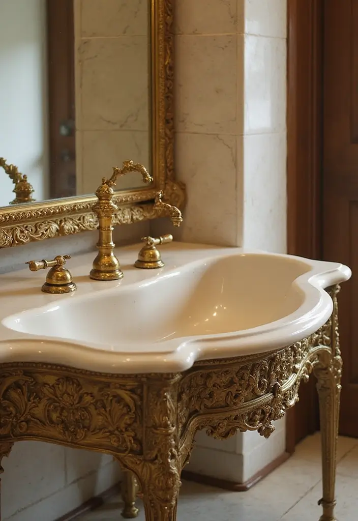 29 Table Top Wash Basin Ideas for Modern Bathrooms - 21. Vintage Glam Basins