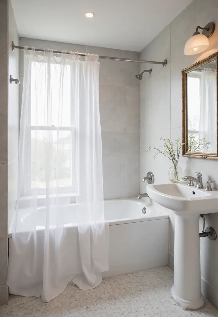 29 Tiny Bathroom Layout Ideas That Actually Work - 19. Clear Shower Curtains