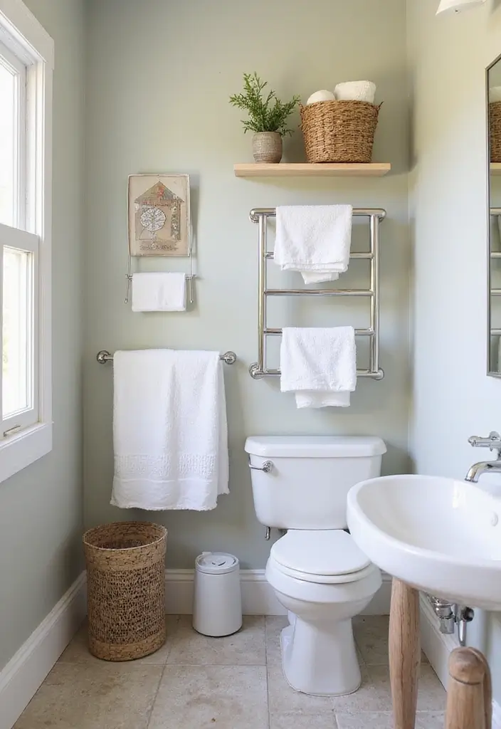 29 Tiny Bathroom Layout Ideas That Actually Work - 20. Stylish Towel Storage
