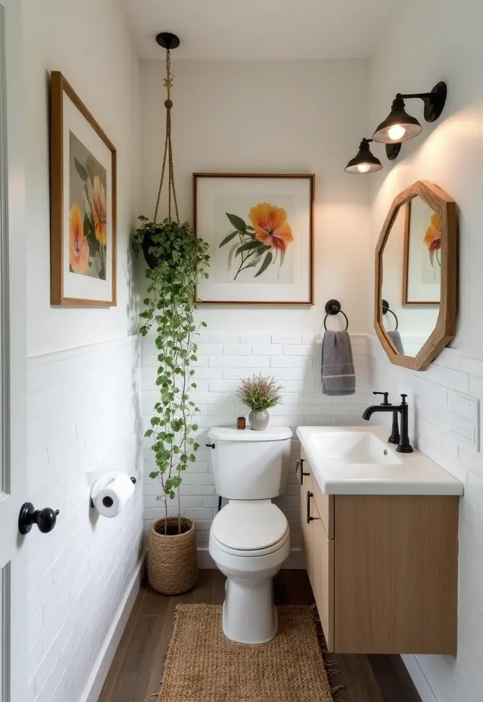29 Tiny Bathroom Layout Ideas That Actually Work - 21. Statement Art Pieces
