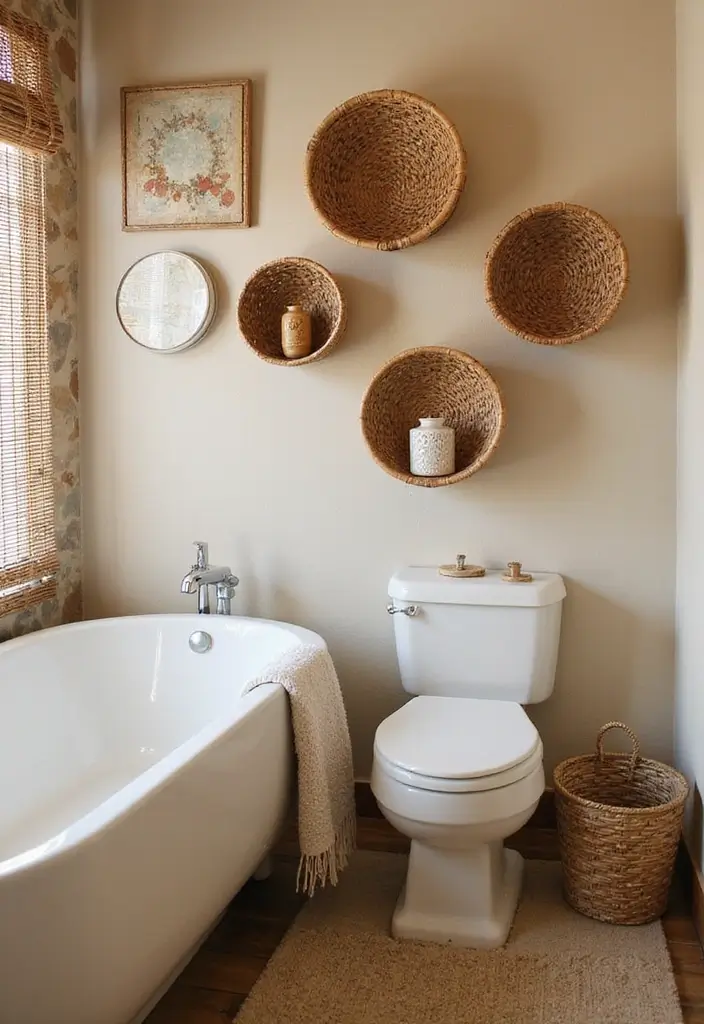 29 Wet Wall Bathroom Ideas That Add Texture - 13. Wicker or Rattan Accents