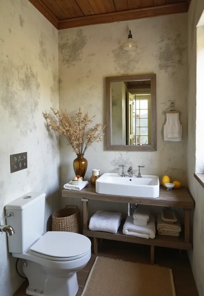 29 Wet Wall Bathroom Ideas That Add Texture - 27. Distressed Finishes