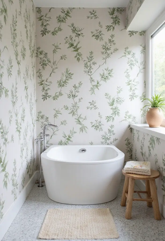 29 Wet Wall Bathroom Ideas That Add Texture - 9. Vinyl Wallpaper