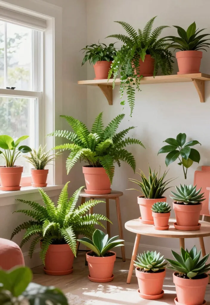 15 Coral Living Room Ideas: Warm, Fresh, and Inviting - 10. Coral Indoor Plants 1