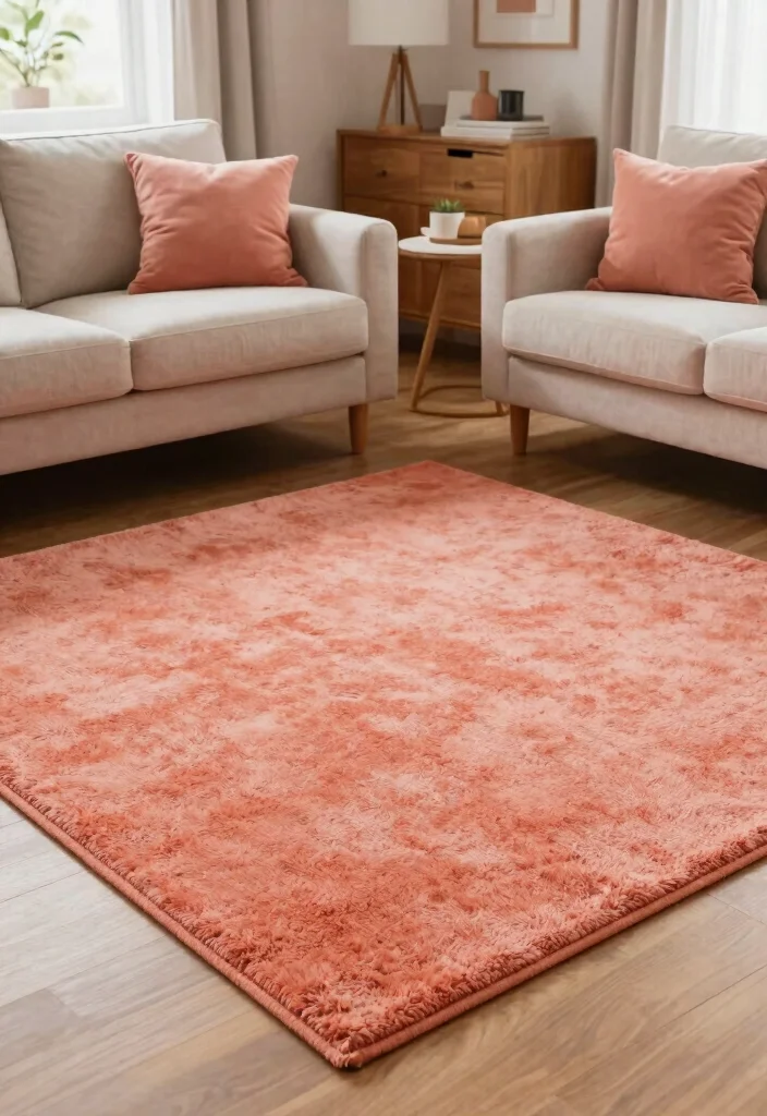 15 Coral Living Room Ideas: Warm, Fresh, and Inviting - 12. Coral Throw Rugs 1