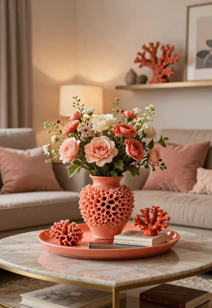 15 Coral Living Room Ideas: Warm, Fresh, and Inviting - 13. Coral Decorative Accessories 1