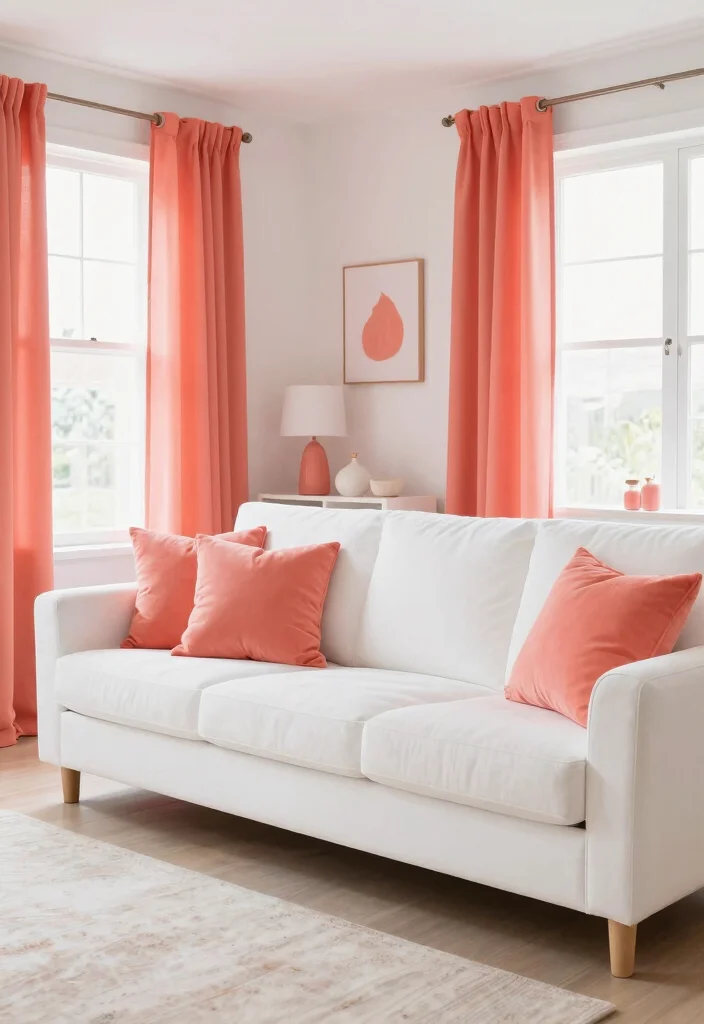 15 Coral Living Room Ideas: Warm, Fresh, and Inviting - 14. Coral and White Theme 1