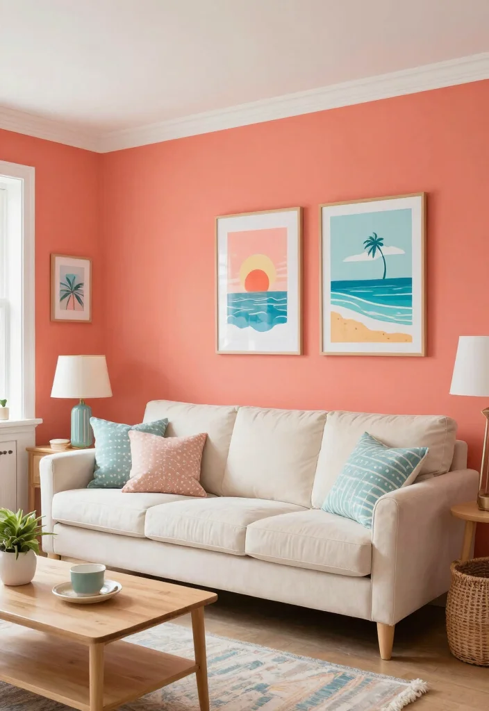 15 Coral Living Room Ideas: Warm, Fresh, and Inviting - 2. Coral Walls for a Statement Look 1