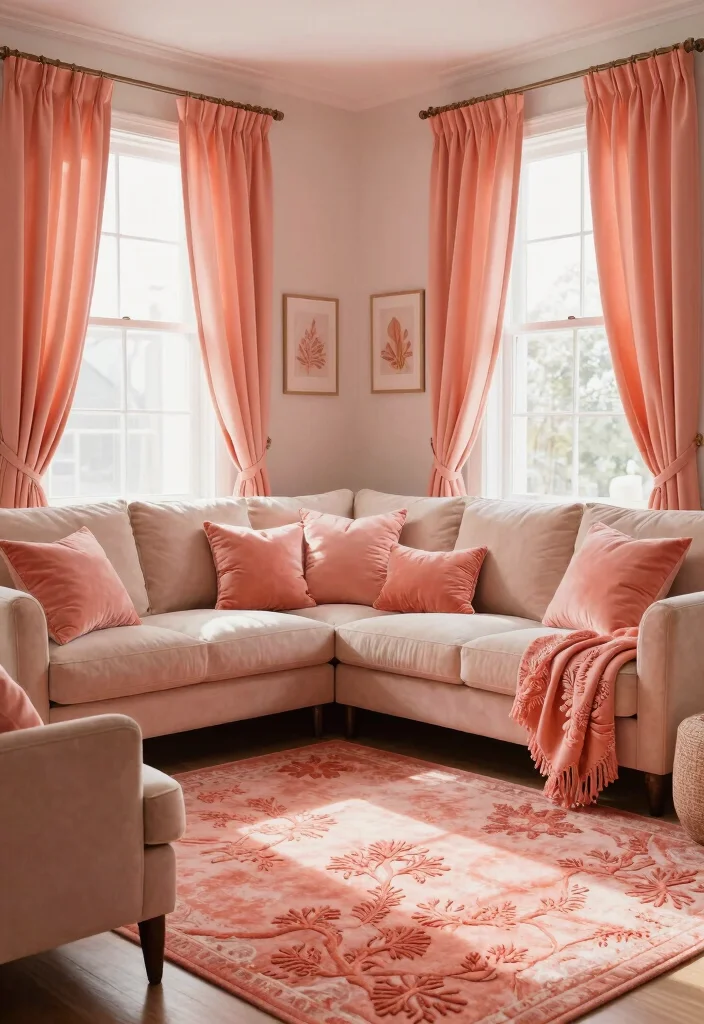 15 Coral Living Room Ideas: Warm, Fresh, and Inviting - 4. Coral Textiles for Softness 1