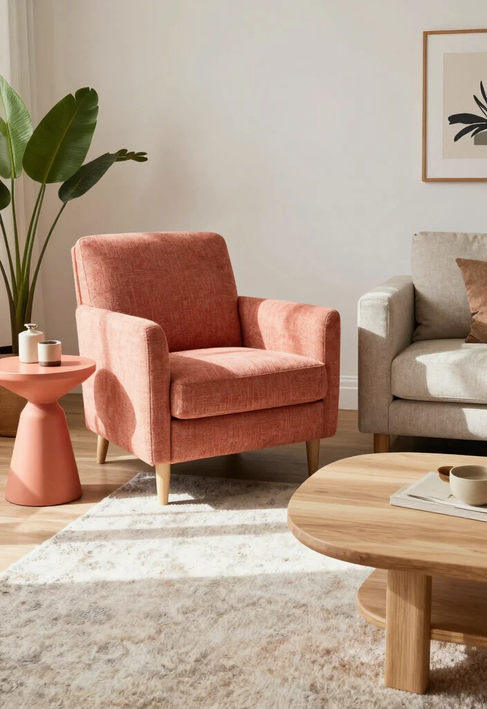 15 Coral Living Room Ideas: Warm, Fresh, and Inviting - 5. Coral Accent Furniture 1