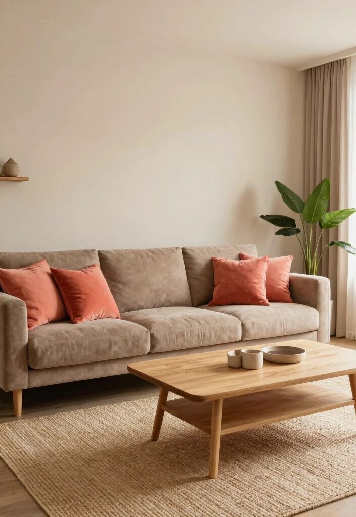 15 Coral Living Room Ideas: Warm, Fresh, and Inviting - 7. Coral with Earthy Neutrals 1