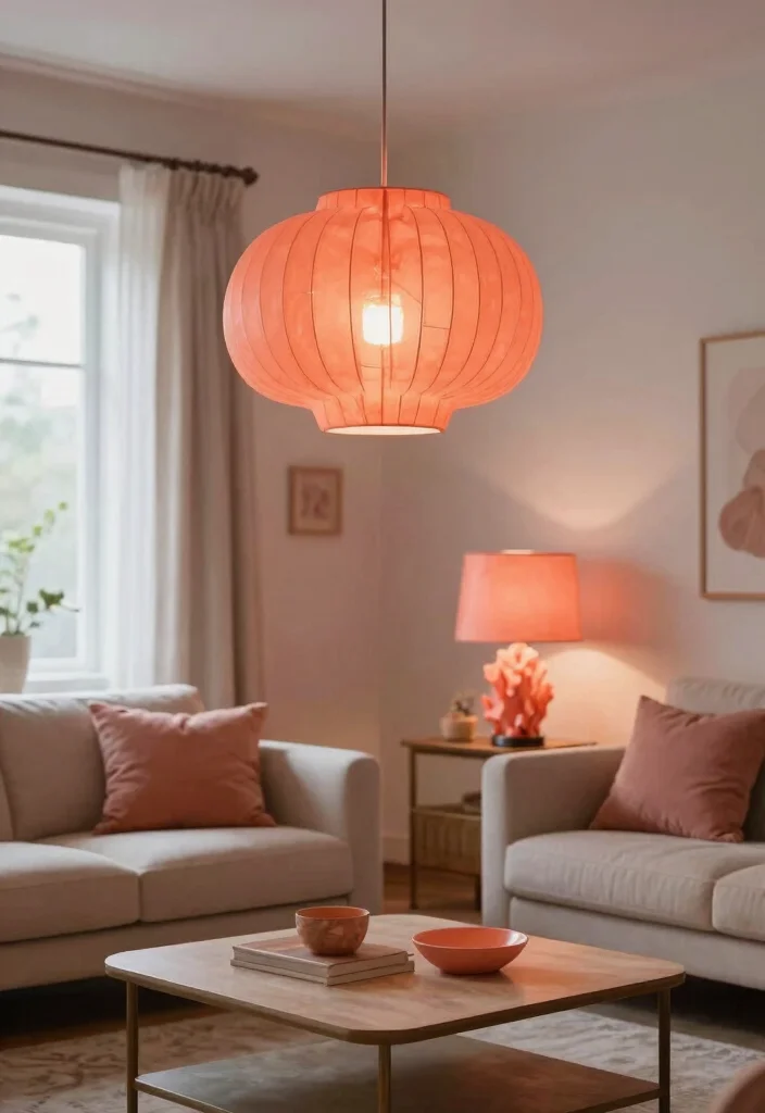 15 Coral Living Room Ideas: Warm, Fresh, and Inviting - 8. Coral Lighting Fixtures 1