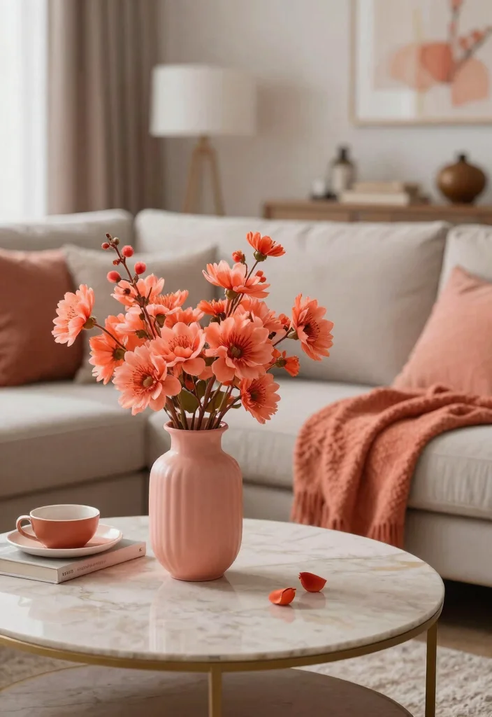 15 Coral Living Room Ideas: Warm, Fresh, and Inviting - 9. Seasonal Coral Decor 1